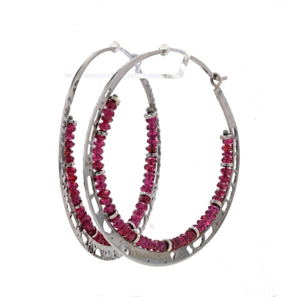 White Gold Garnet Hoop Earrings - 14k Rondelle Black Rhodium Italy Pierced